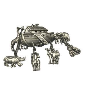Vtg JJ Noah’s ark brooch pin silver 80s dangle charm lion camel bible Christian